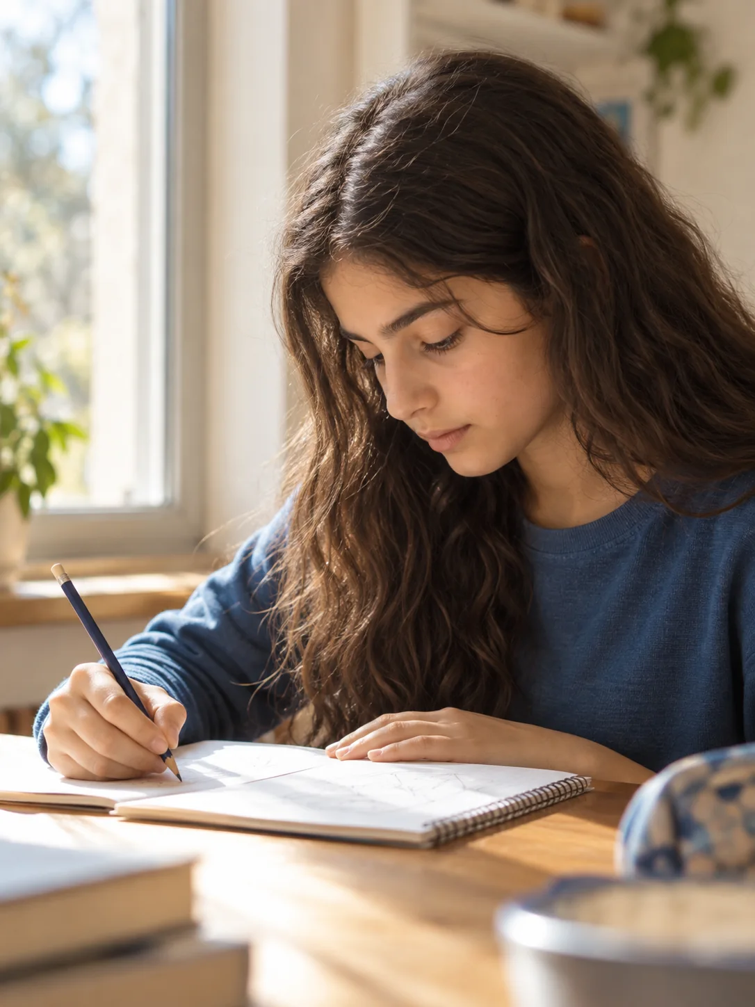 A student concentrating on her notebook by a sunlit window; illustrative concept photograph