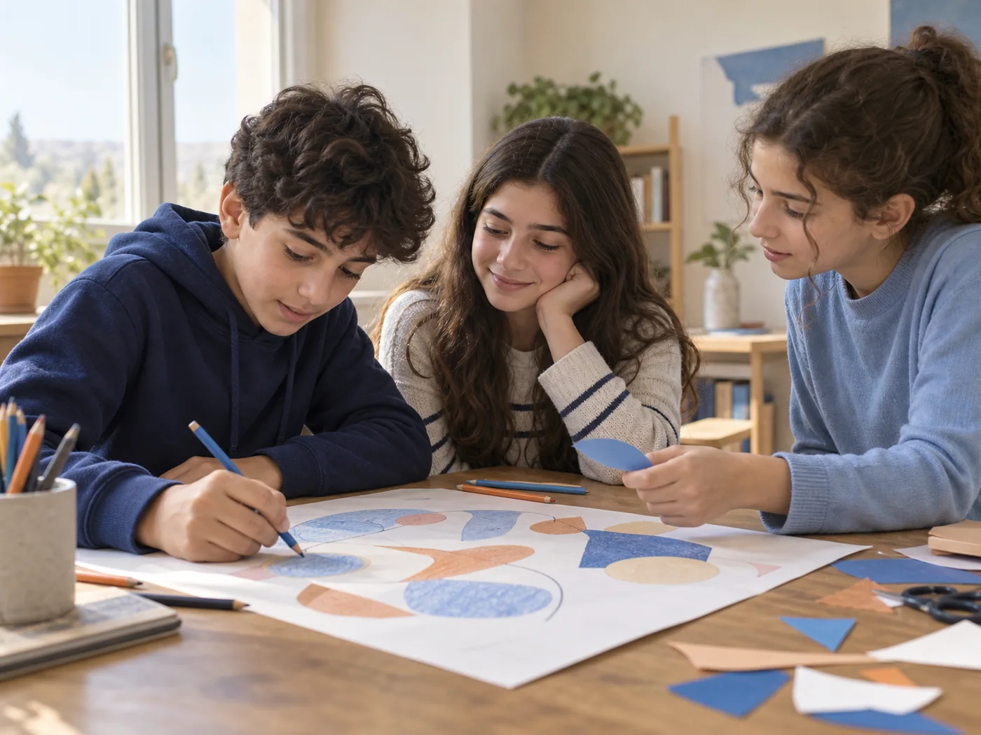 Students sharing ideas during a collaborative paper and drawing exercise; illustrative concept photograph