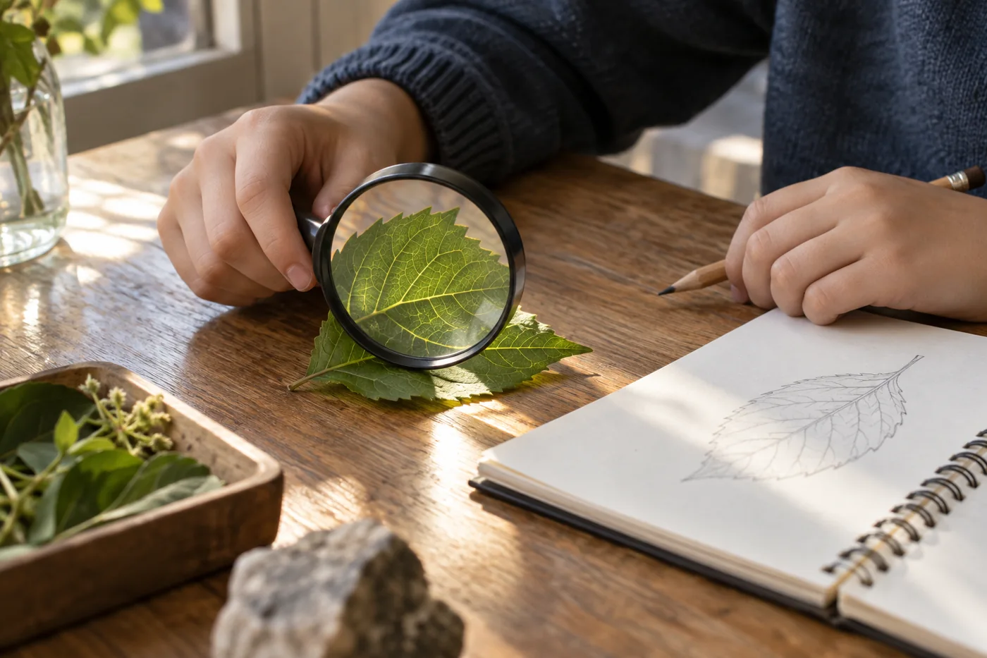 Examining a leaf through a magnifying glass; illustrative concept photograph