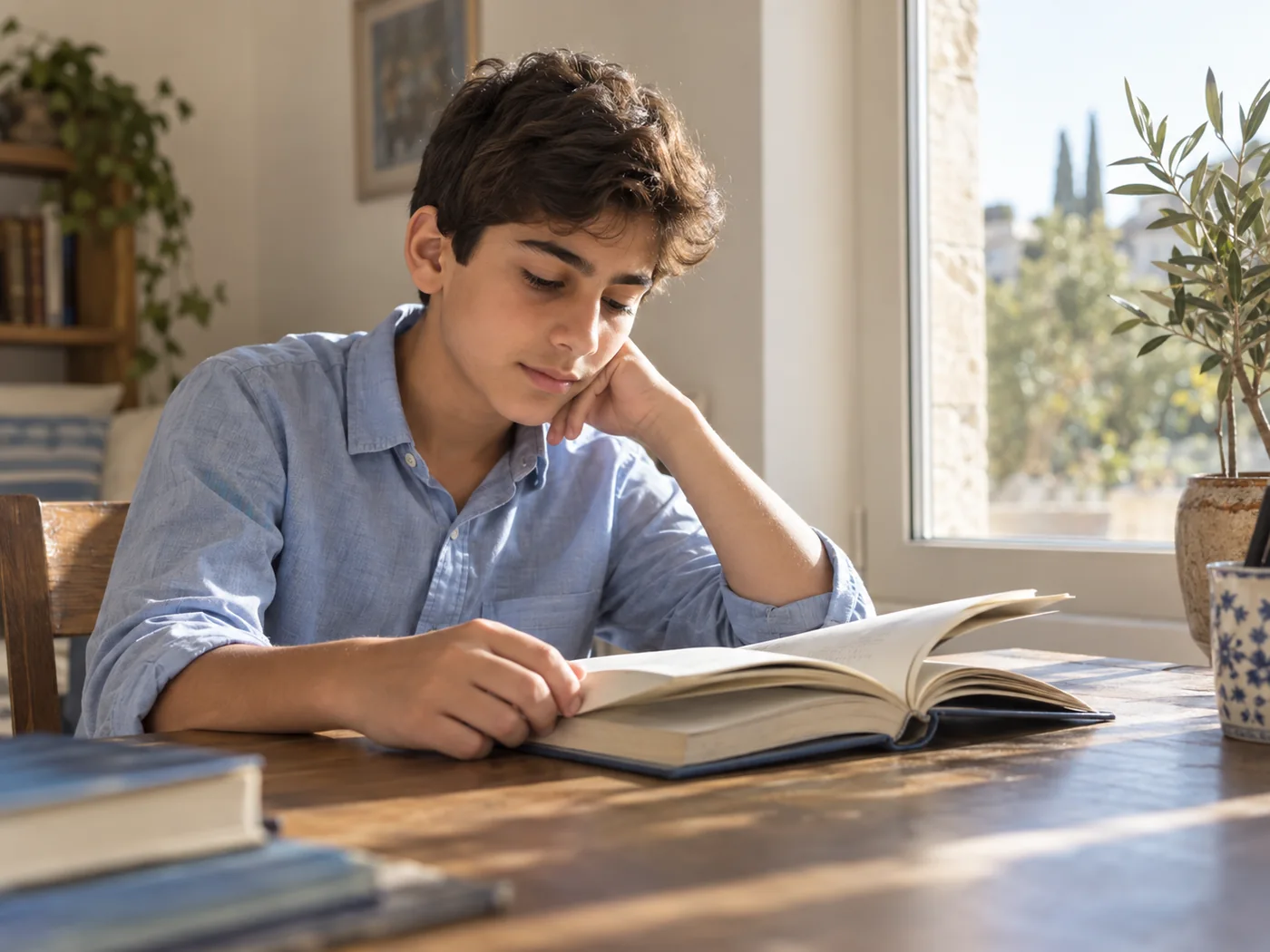 A student absorbed in a book beside a window; illustrative concept photograph