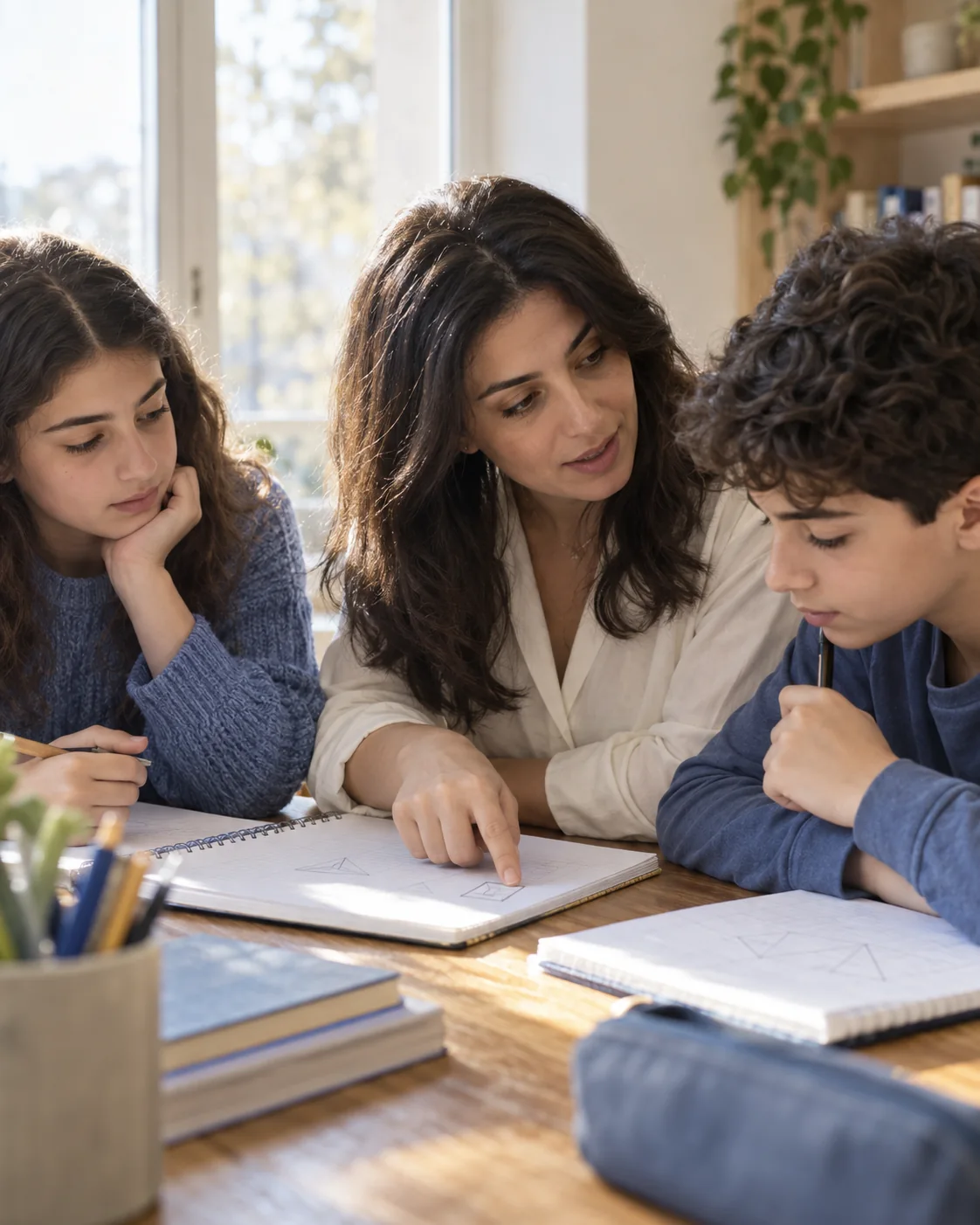 A teacher and two students thoughtfully discussing a question; illustrative concept photograph